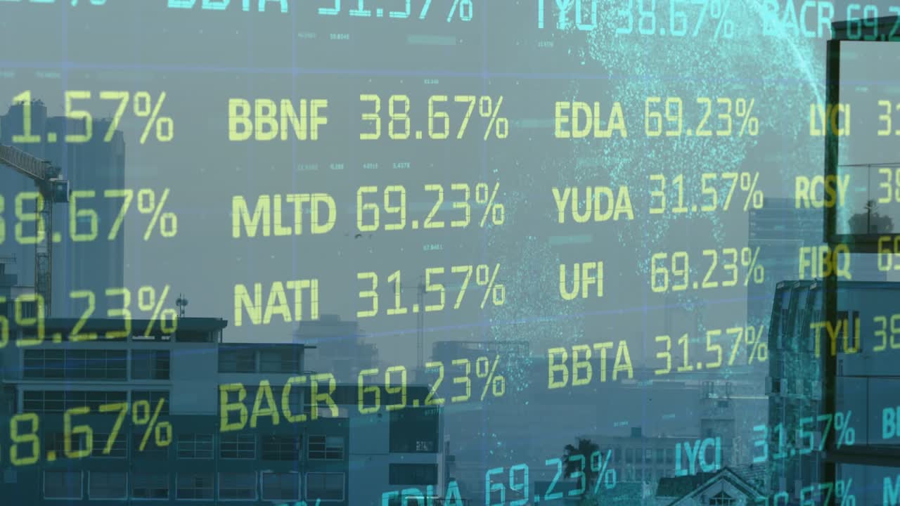 Animation of data processing with globe and stock market over cityscape