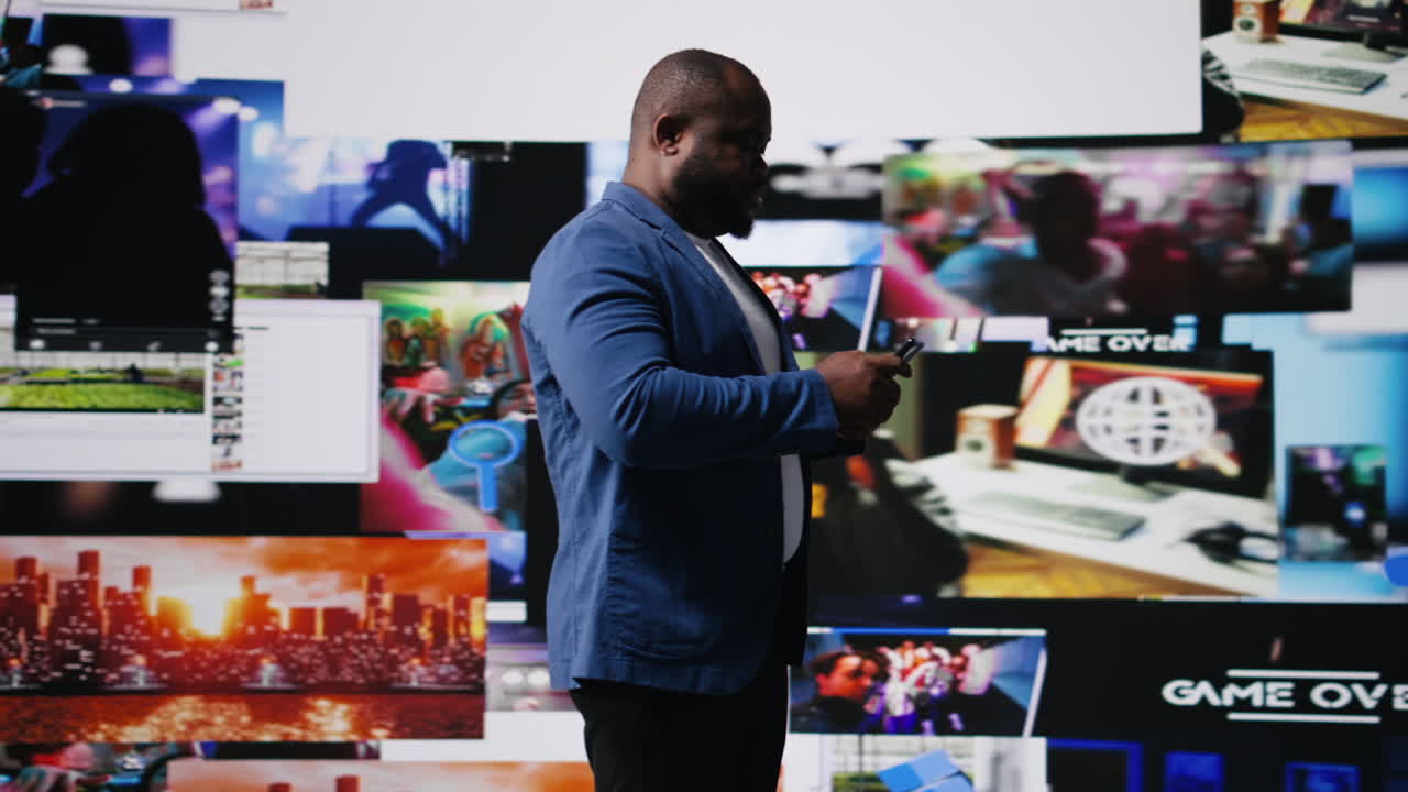 Young black professional explores a tech driven environment with visual data