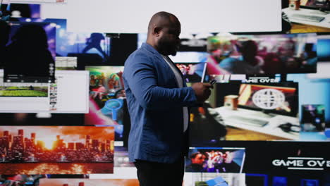 young black professional explores a tech driven environment with visual data
