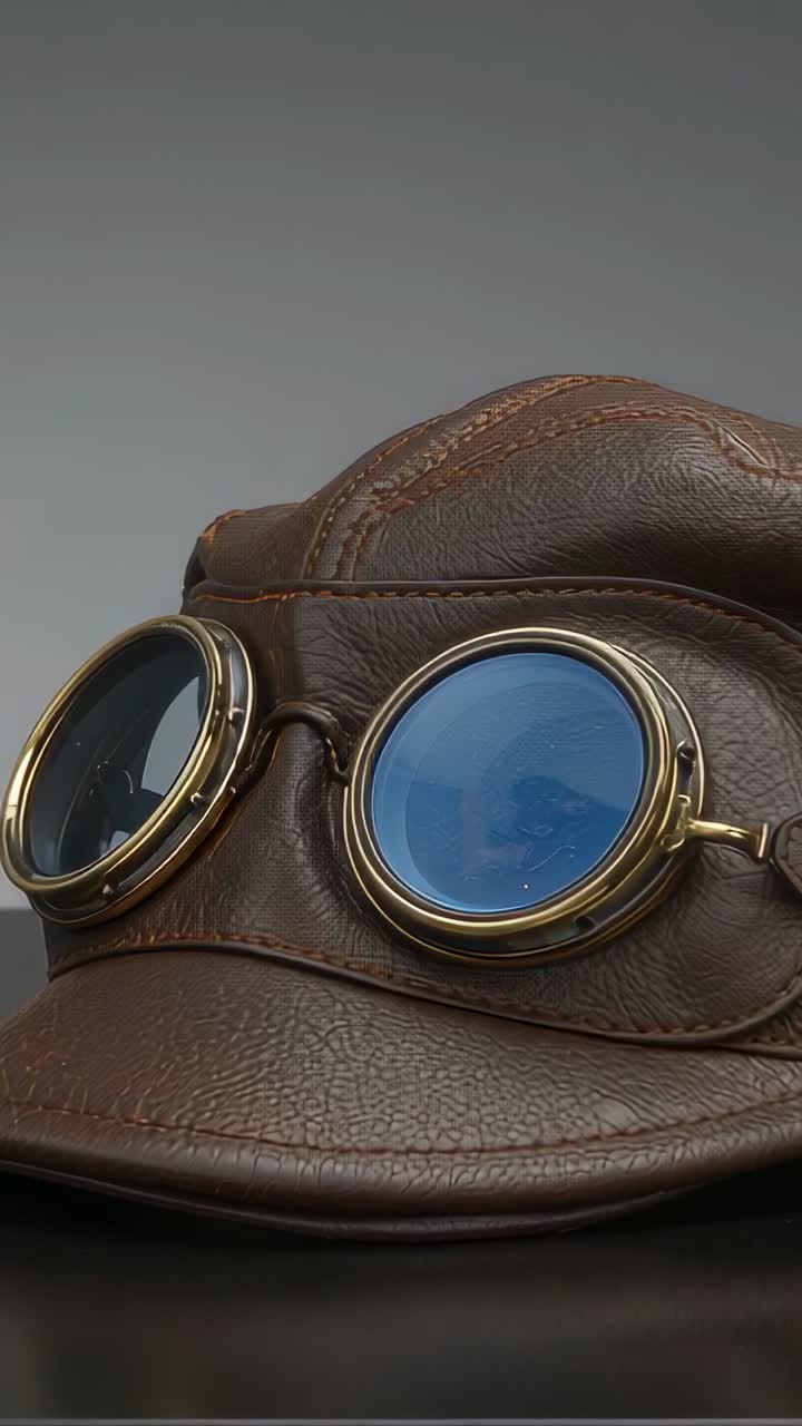 Vertical video: Light shifting revealing aviator cap with steampunk goggles reflecting in studio