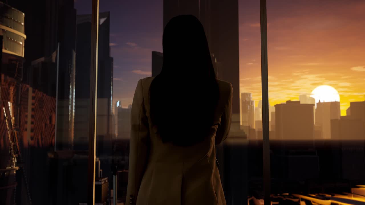 mujer de negocios en sunset city view