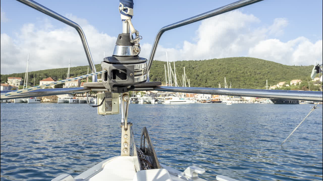 Timelapse from the front of a yacht in a port in lefkada, greece