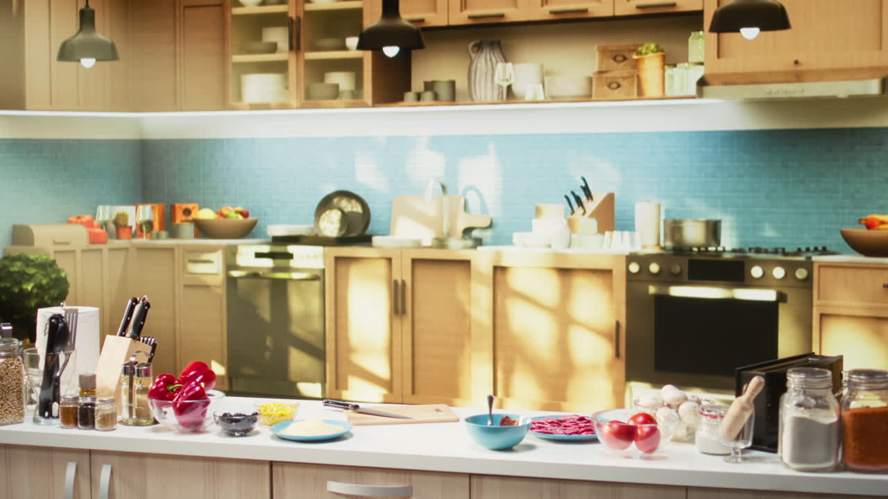 A kitchen with food preparation on the countertop