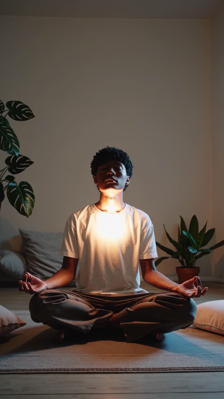 Serene male meditating in lotus pose on yoga mat, warm light highlighting calm posture and meditative mindset during personal wellness practice