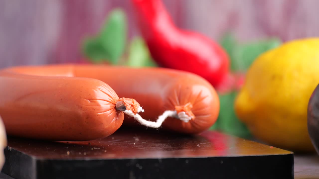 Sausage, lemon, and red pepper still life