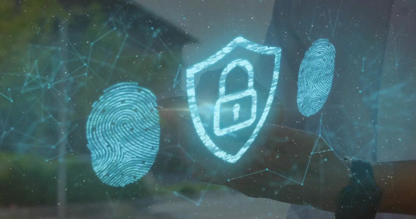Man extending forearm, hologram shield forming in front of arm, prints pulsing, confirming security