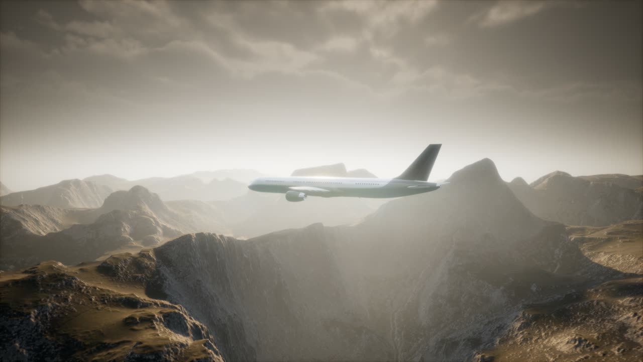 Passenger aircraft over mountain landscape
