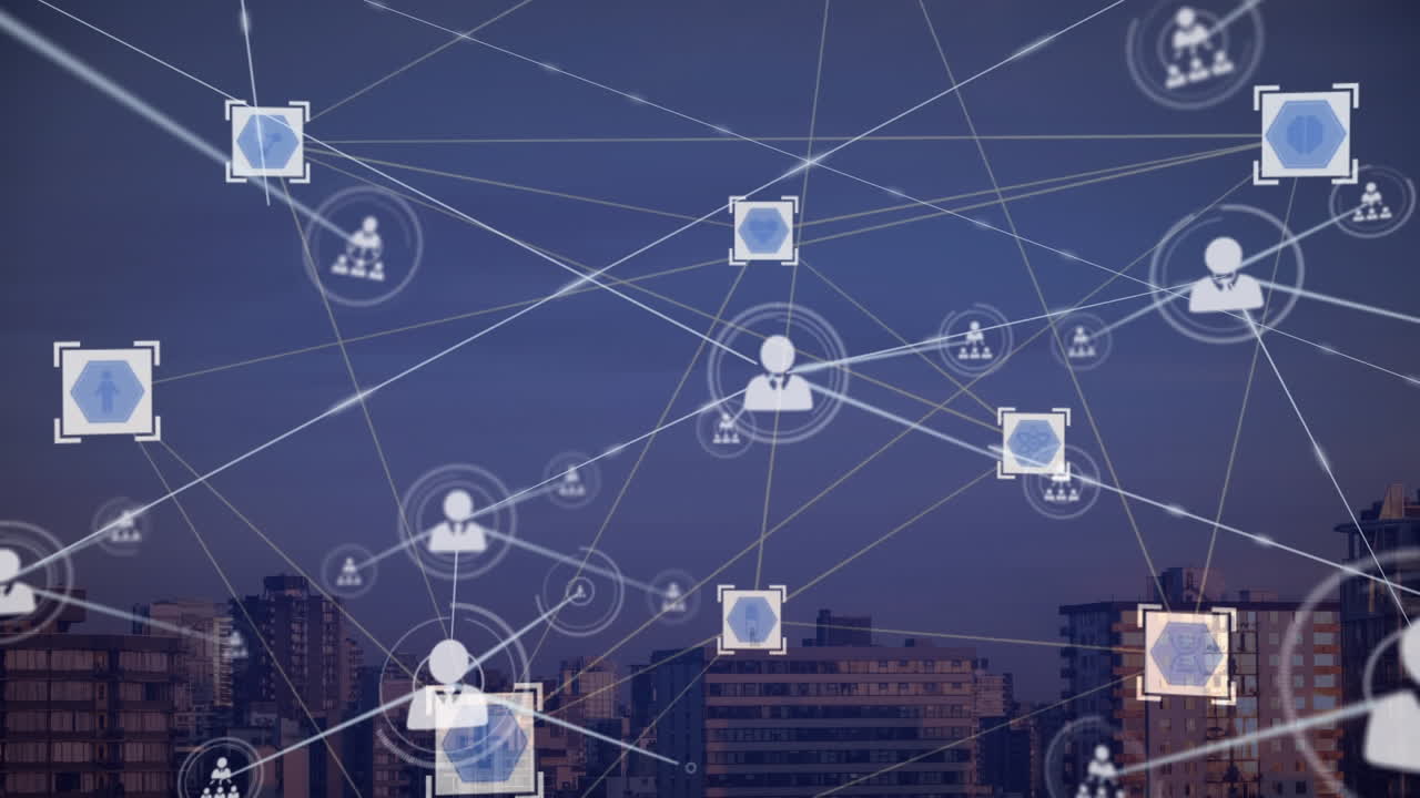 Animation of network of connections with icons over cityscape