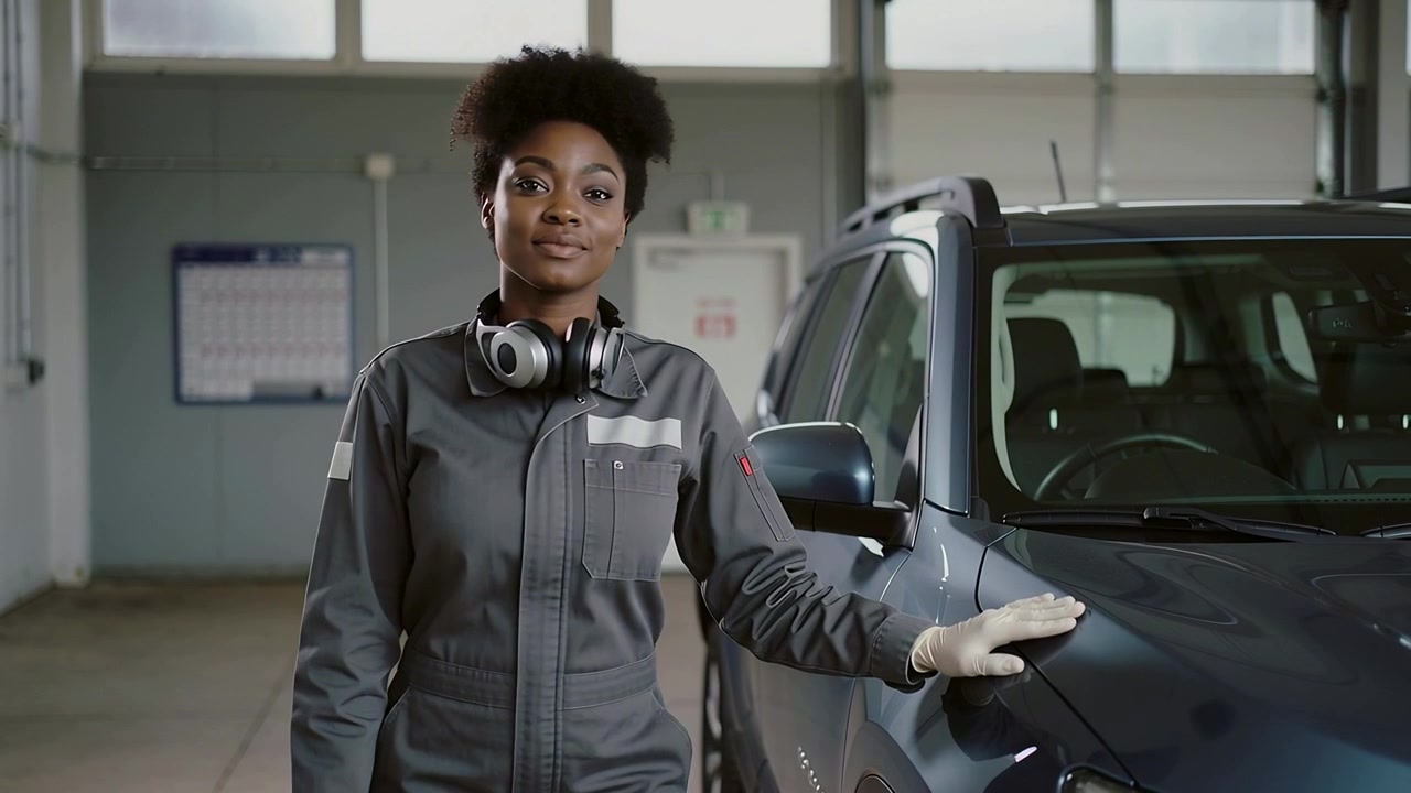Adjusting mechanic in garage reacting to camera starting, touching blue SUV hood in coverall gloves