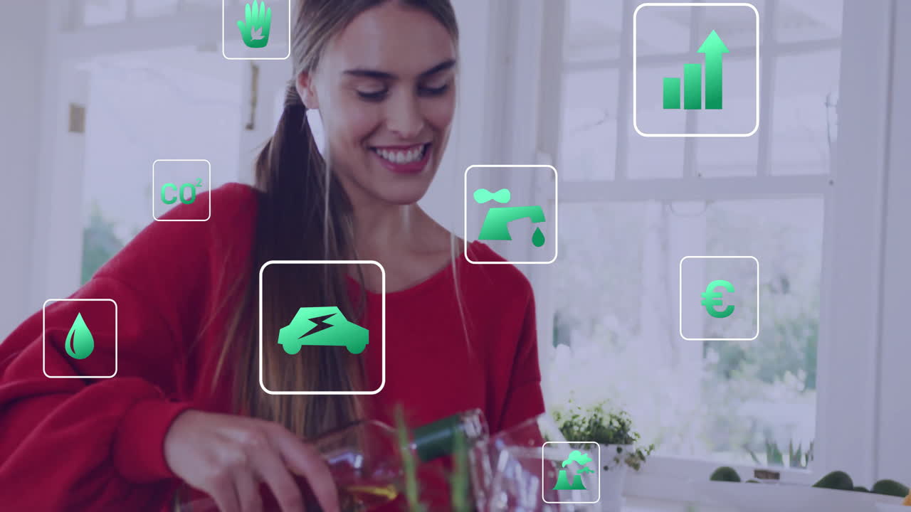 vino, mujer rodeada de íconos ecológicos y animación de sostenibilidad