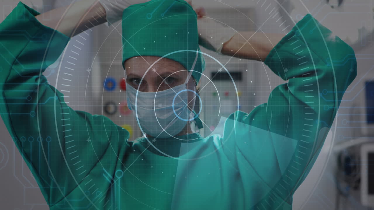 animación de un escáner redondo contra una cirujana caucásica que lleva una máscara quirúrgica en el hospital.