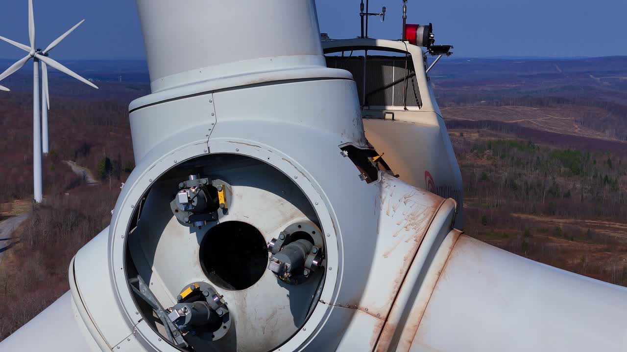 Close-up of wind turbine maintenance at Mountaineer Wind Center, Thomas, West Virginia, USA