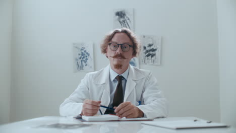 portrait of serious psychiatrist sitting at table in hospital ward