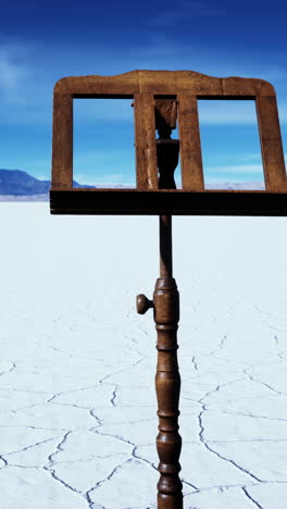 un soporte de música de madera en un paisaje desértico