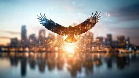 majestic eagle soaring above city skyline at sunrise