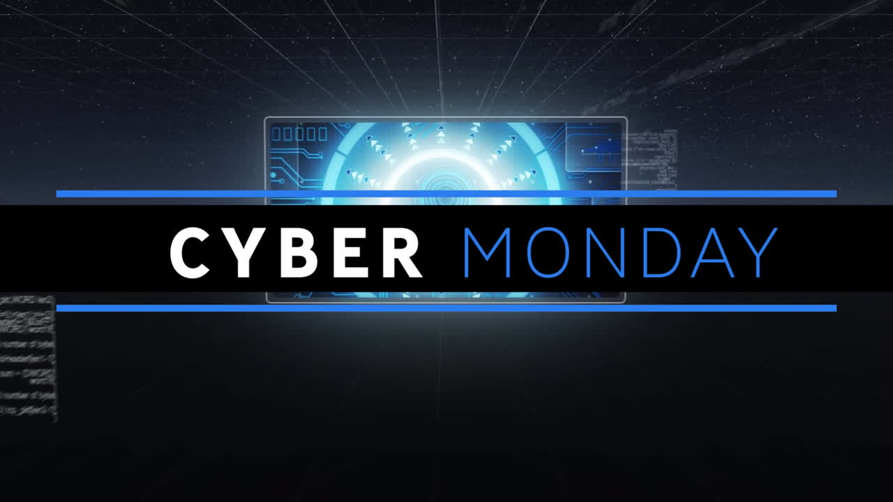 Digital animation of cyber monday text banner against multiple round scanners and data processing