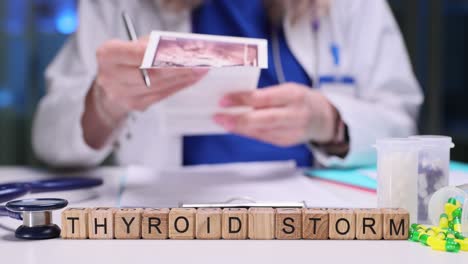 doctor examining medical scan with 'thyroid storm' blocks