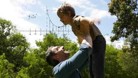 father lifting child in park, mathematical graph animation over background