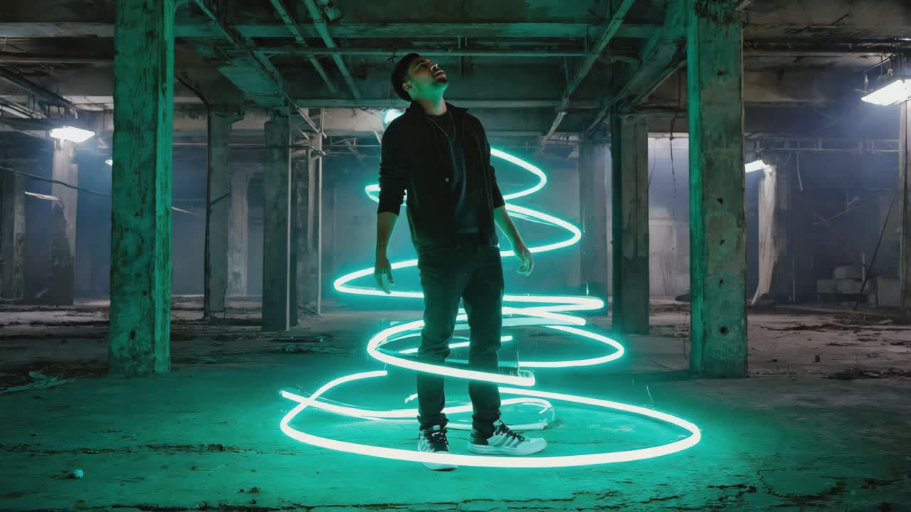 Man doing light painting in abandoned building