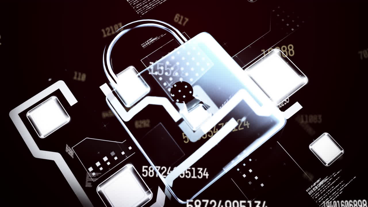Animation of online security padlock over number changing and data processing