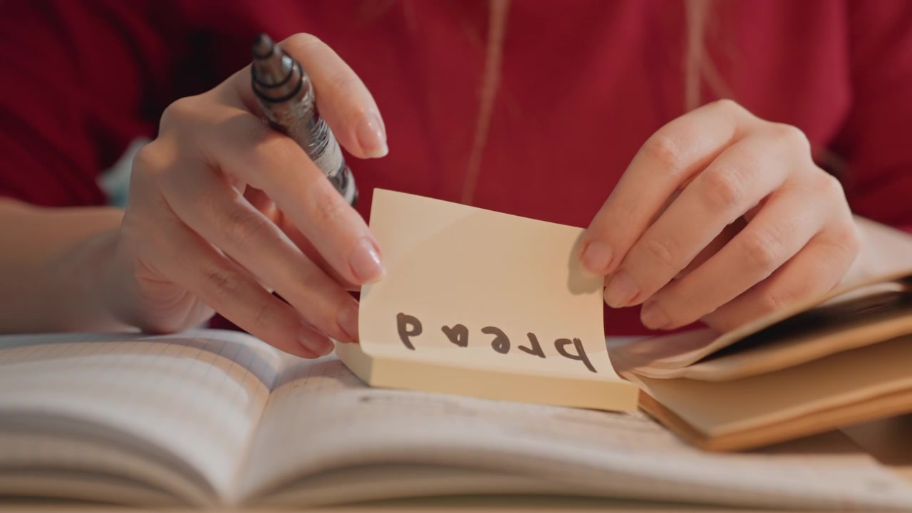 Woman in red top writes on sticky notes. Woman places cards labeled bread near books flipping. Close up view emphasizes hands performing tasks like writing upside down
