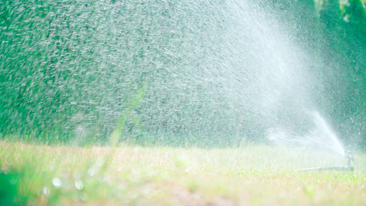 잔디 위의 회전식 자동 스프링클러, 현대식 관개 장치 또는 급수 정원 시스템