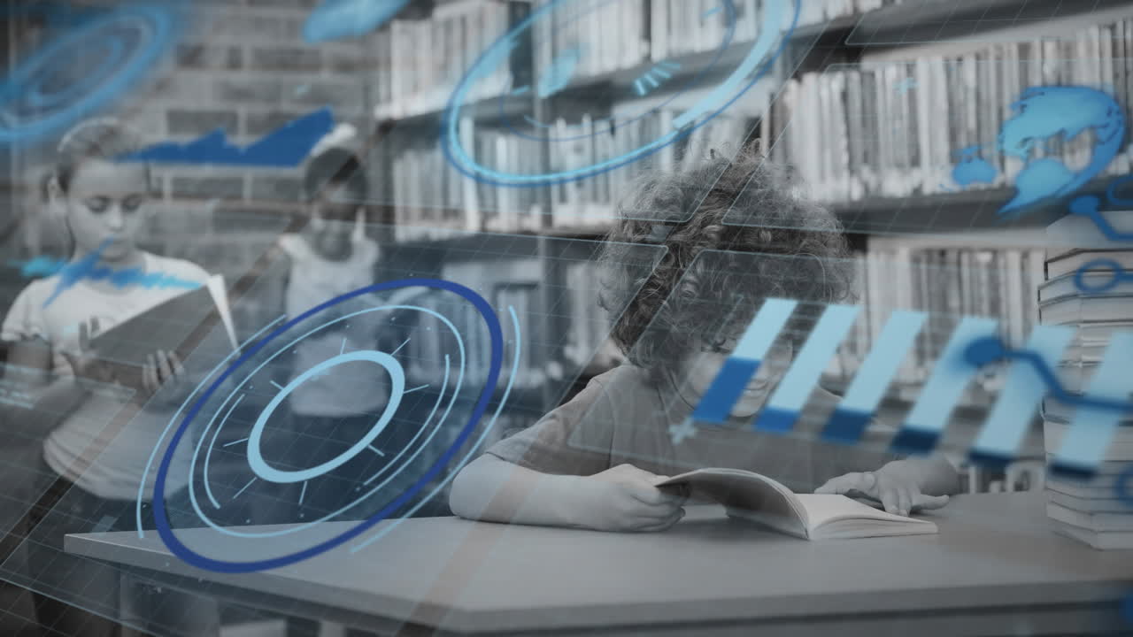 lectura de libros en la biblioteca escolar, niños con animación de procesamiento de datos futurista