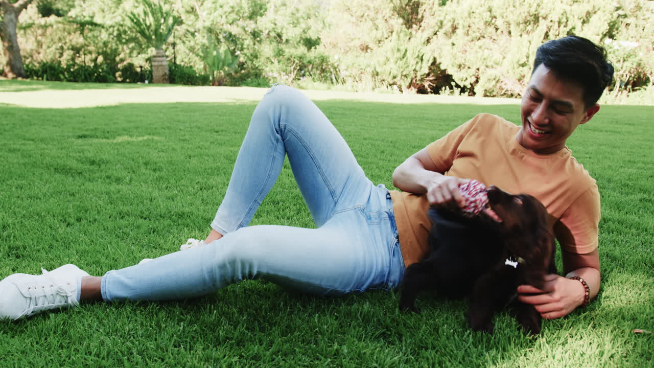 Asian man relaxing on grass, playing with dog in sunny park