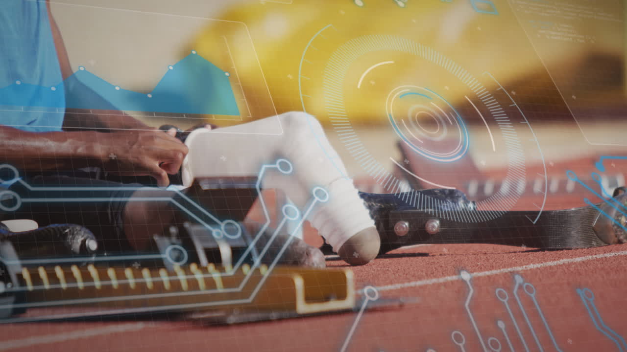 장애인 남성 운동 선수가 달리기 블레이드를 착용하는 디지털 데이터 처리의 애니메이션