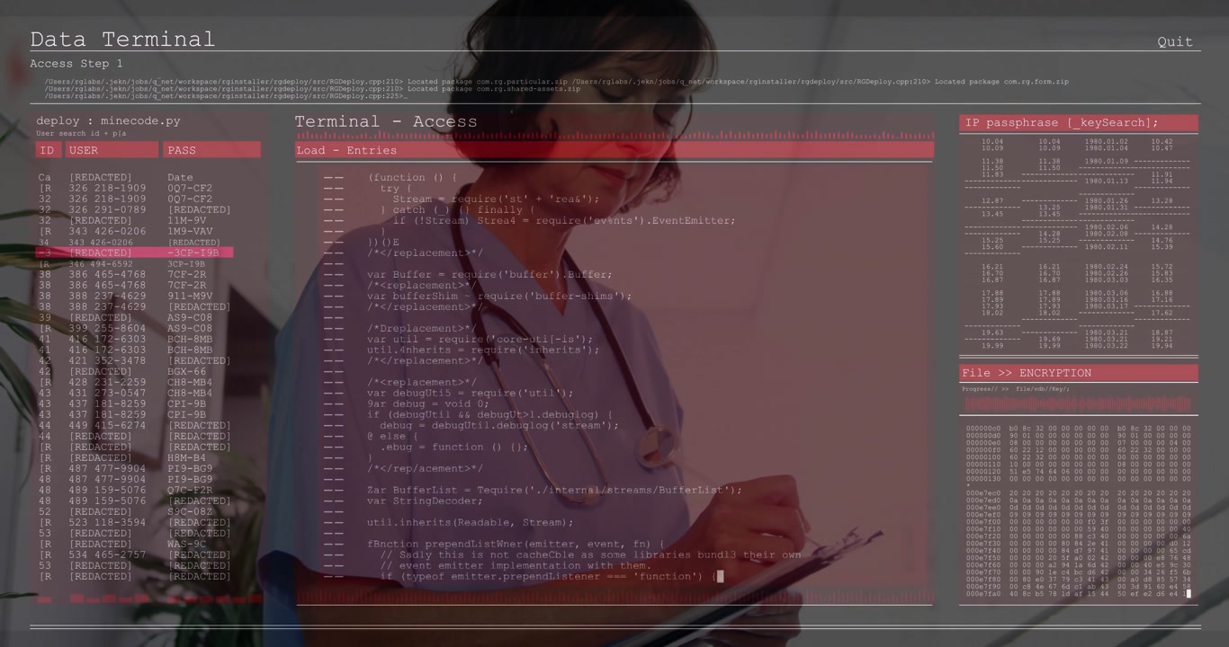 nurse wearing stethoscope holding tablet in clinical workspace, displaying encryption code snippets