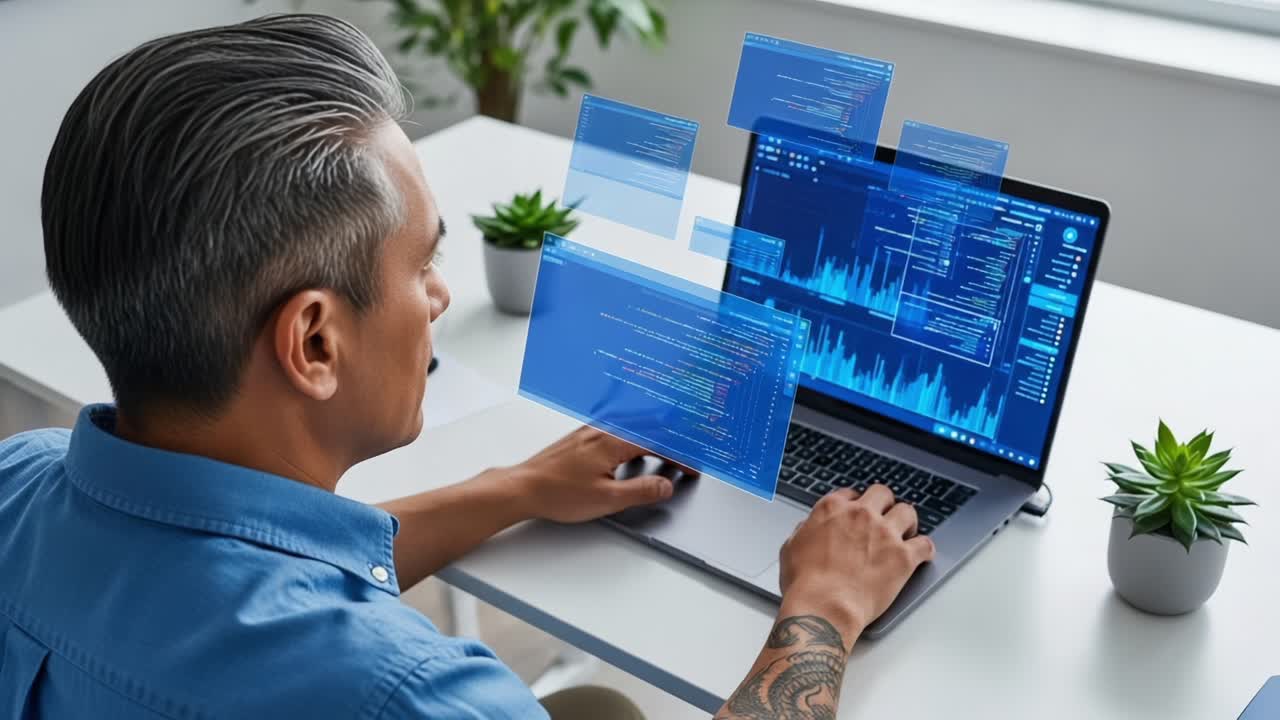 Focused Programmer Analyzing Code and Data Visualizations on Laptop with Multiple Floating Windows in Modern Workspace