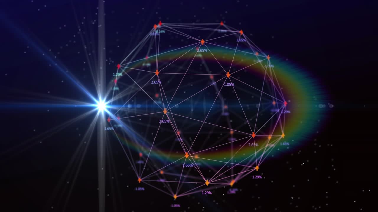 Light appearing at left sparking glowing polyhedron pulsing flare expanding halo visualizing nodes