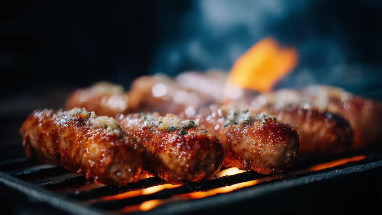 Salsicce Sfrigolanti sulla Griglia: Delizie di Carne Succulenta e Baciata dalla Fiamma con una Crosta Perfetta e un Aroma Saporito Catturate in un Video di Cucina