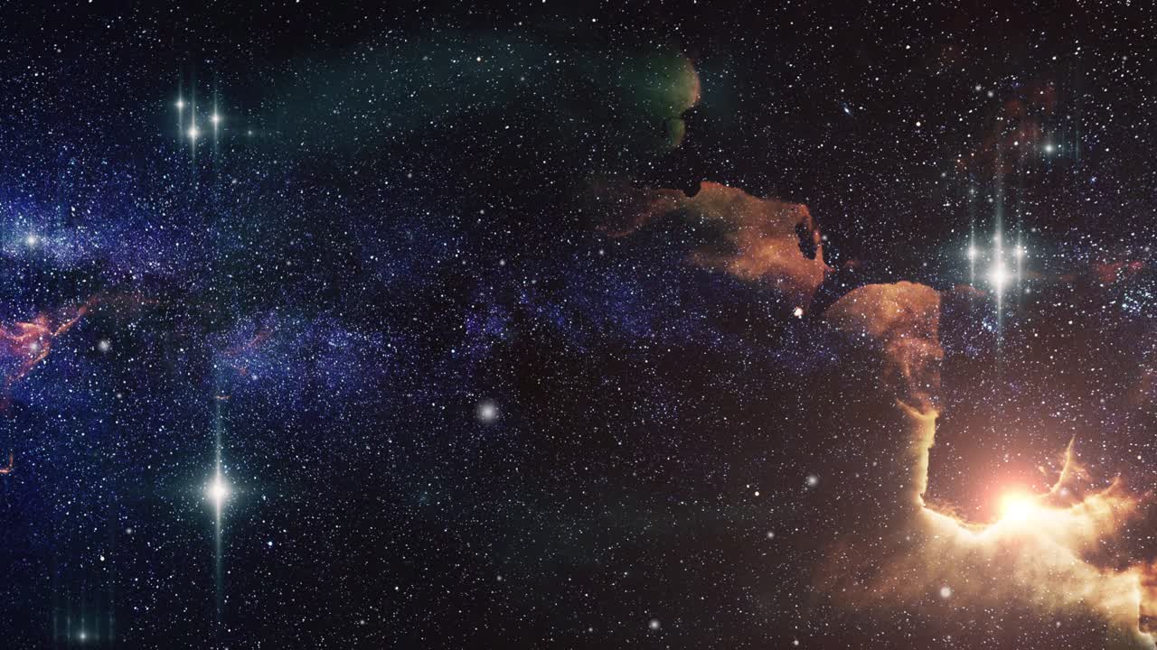 cúmulos de estrellas de orión y nubes de nebulosas moviéndose en el espacio.