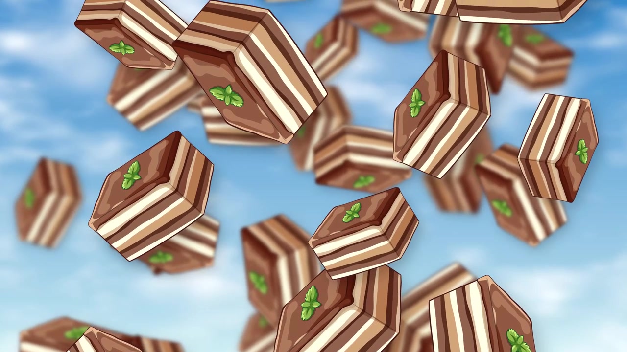 Stylized chocolate dessert slices with mint leaves fall continuously against a bright blue sky.
