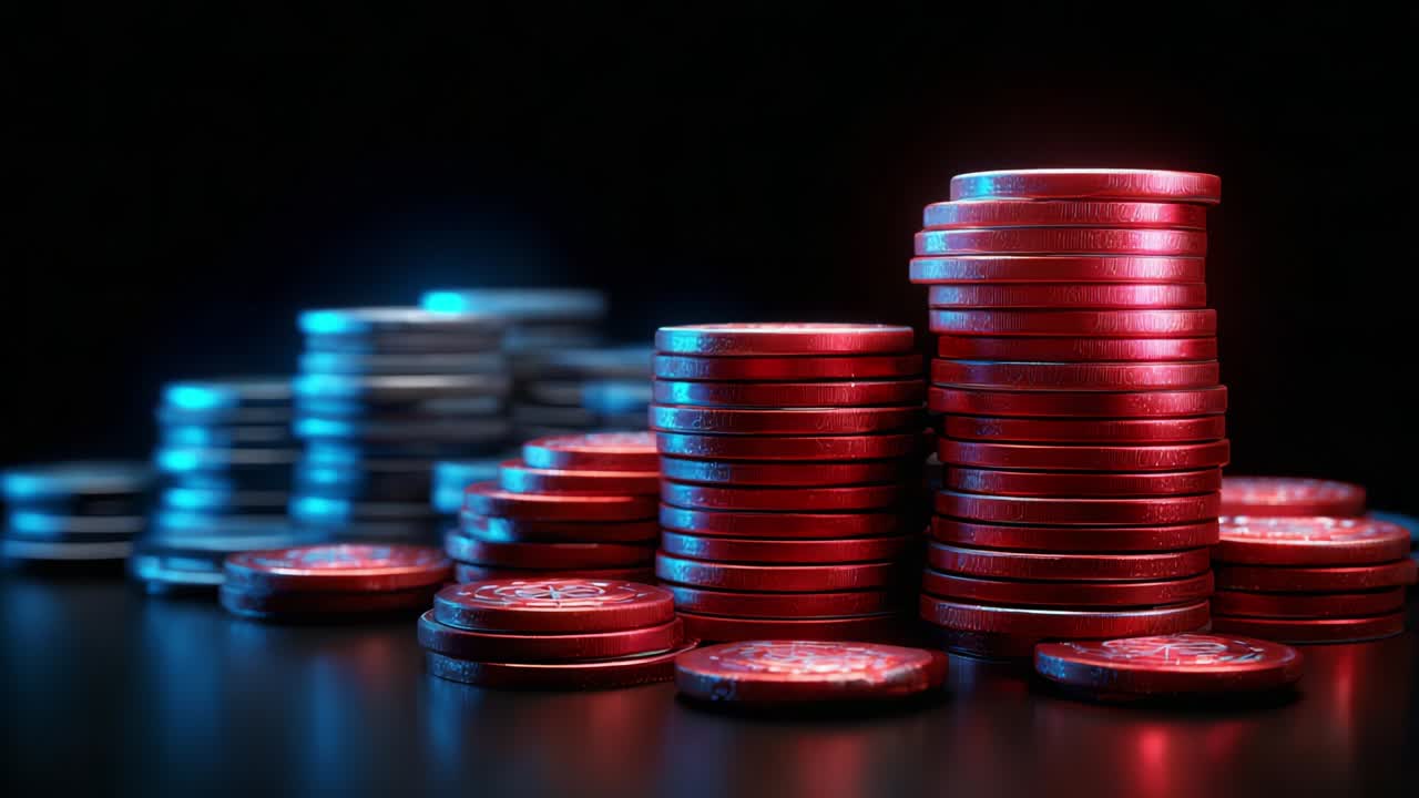 A Vibrant Close-Up View of Stacked Red and Blue Casino Chips Against a Dark Background, Highlighting the Excitement and Anticipation of Gambling with Their Glossy Finish and Intricate Designs
