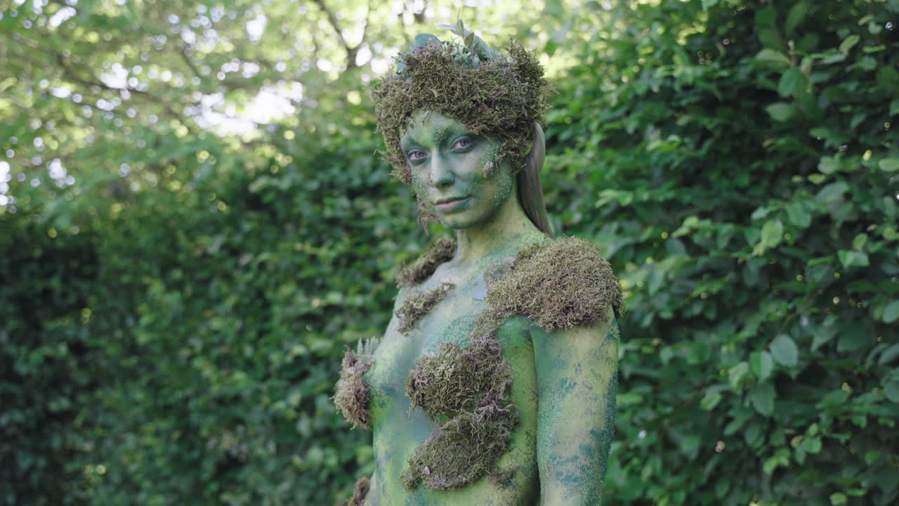 toma de panorámica media de una modelo femenina con pintura corporal verde mirando hacia la cámara en la naturaleza, en el estilo de las formas inspiradas en la naturaleza