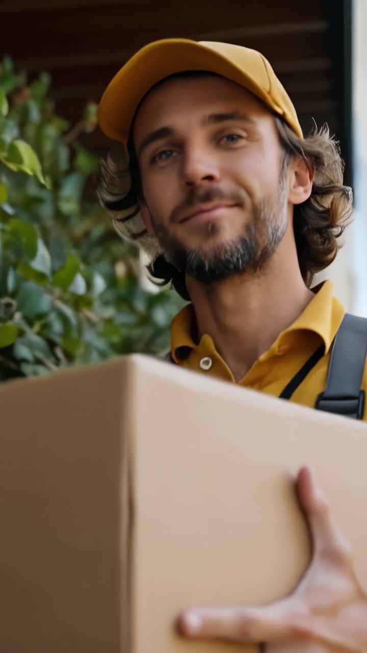 Un corriere allegro con un pacco marrone in uniforme casual che mostra un eccellente servizio clienti in un moderno ambiente urbano.