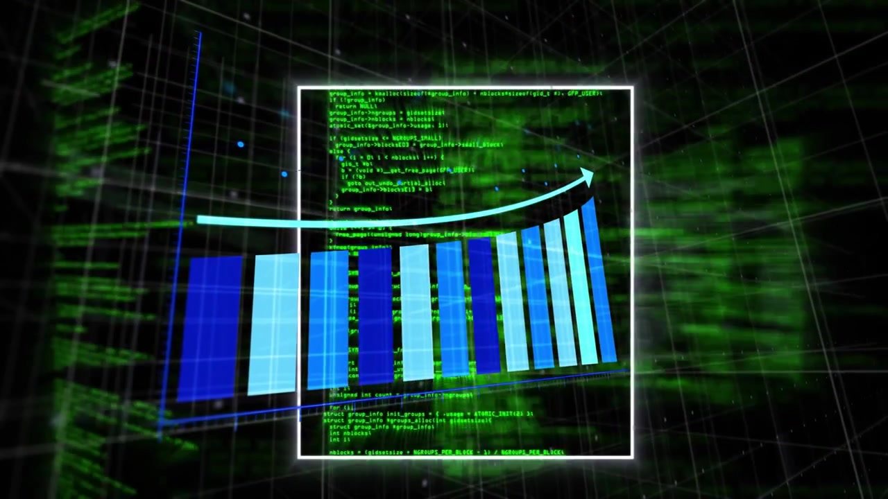 Codice verde che scorre avvia l'emersione di barre blu 3D, freccia che sale, inquadratura che isola la crescita finanziaria