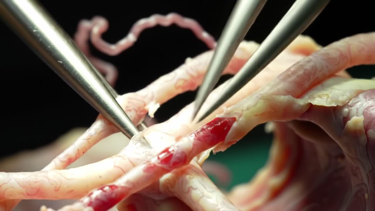 Detailed Examination of Biological Tissue with Surgical Instruments: Intricate Structures and Vessels Highlighted in a Scientific Procedure