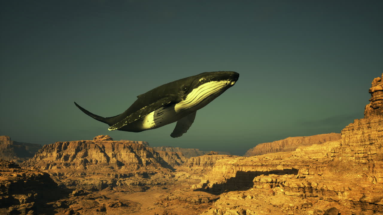 Whale gliding majestically over the grand canyon landscape