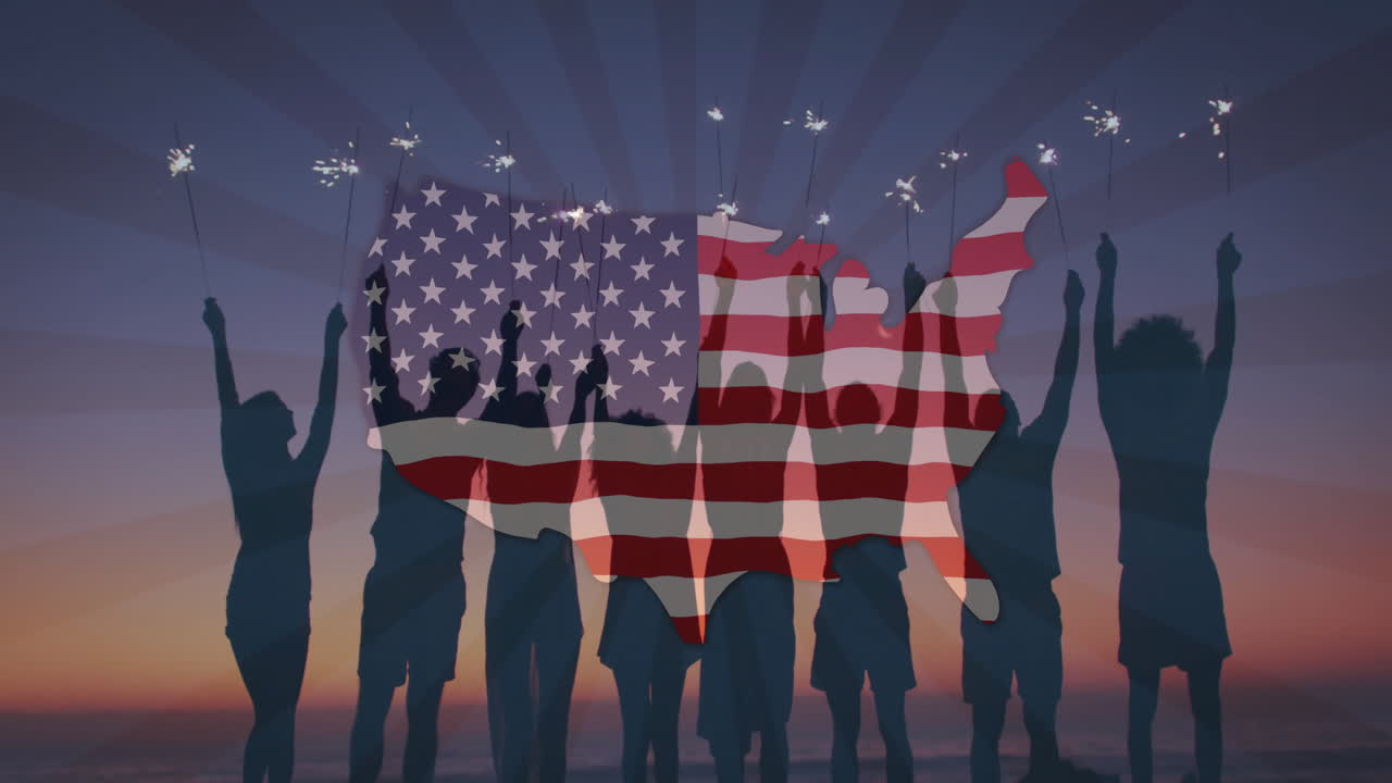 Celebrating with sparklers, people in front of USA flag animation