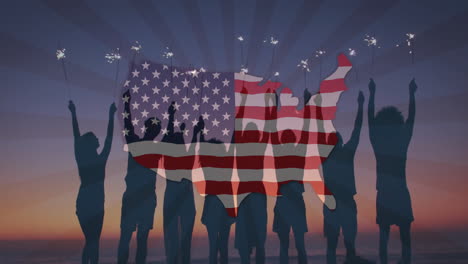 celebrating with sparklers, people in front of usa flag animation
