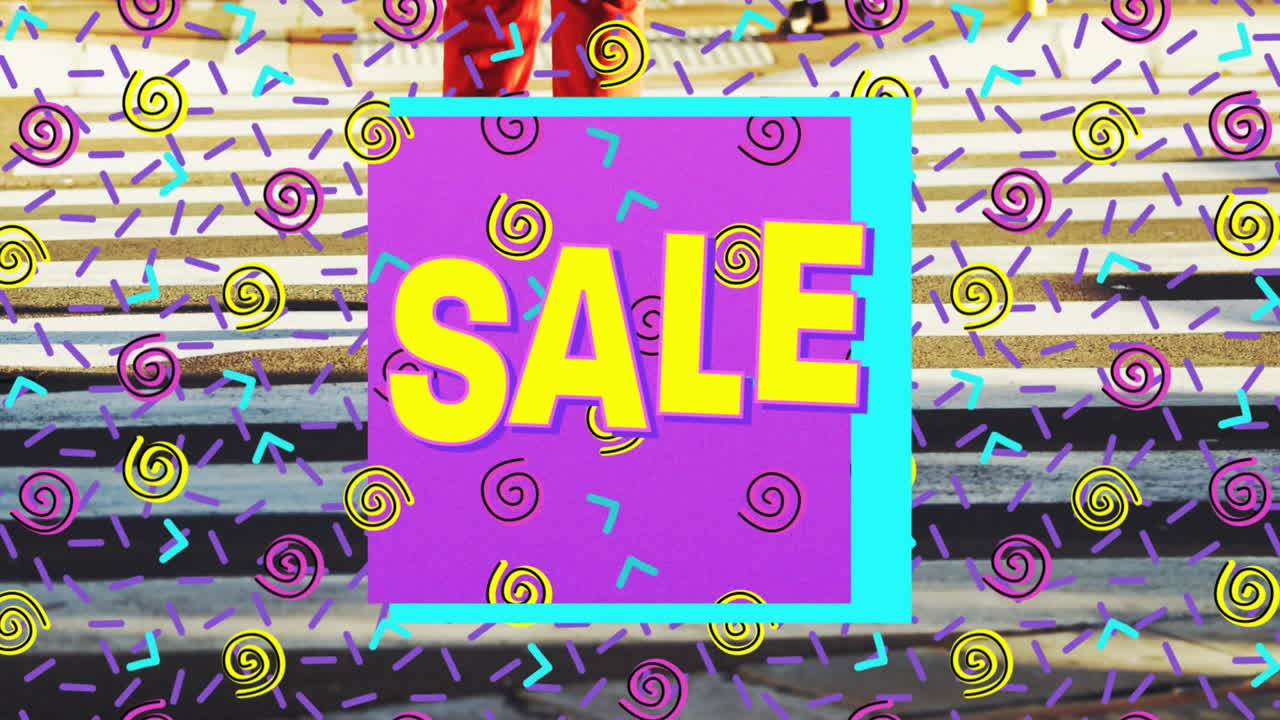 사람들이 고 있는 레트로 패턴으로 판매 텍스트의 애니메이션