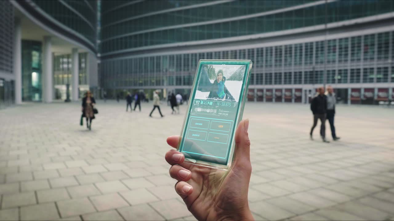 Slow motion of a business woman hand using a futuristic glass cell phone with the latest advanced augmented reality holographic technology to make video call to her colleagues