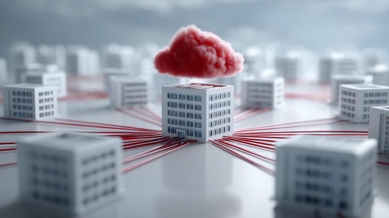 A Digital Infrastructure Representation Featuring a Central Building Surrounded by Other Structures and Connected with Red Lines Under a Floating Cloud
