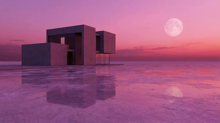 Casa moderna in riva al mare al tramonto