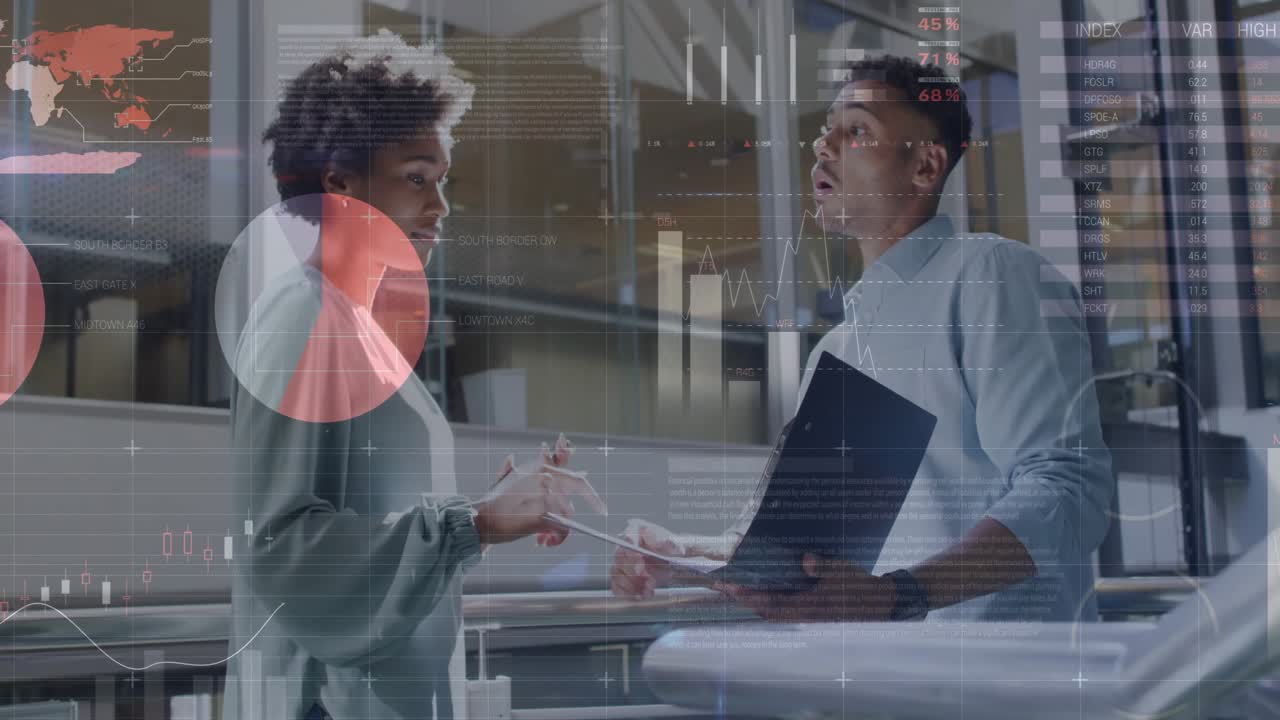 Woman gesturing business data discussion, laptop man projecting world map and syncing phone charts