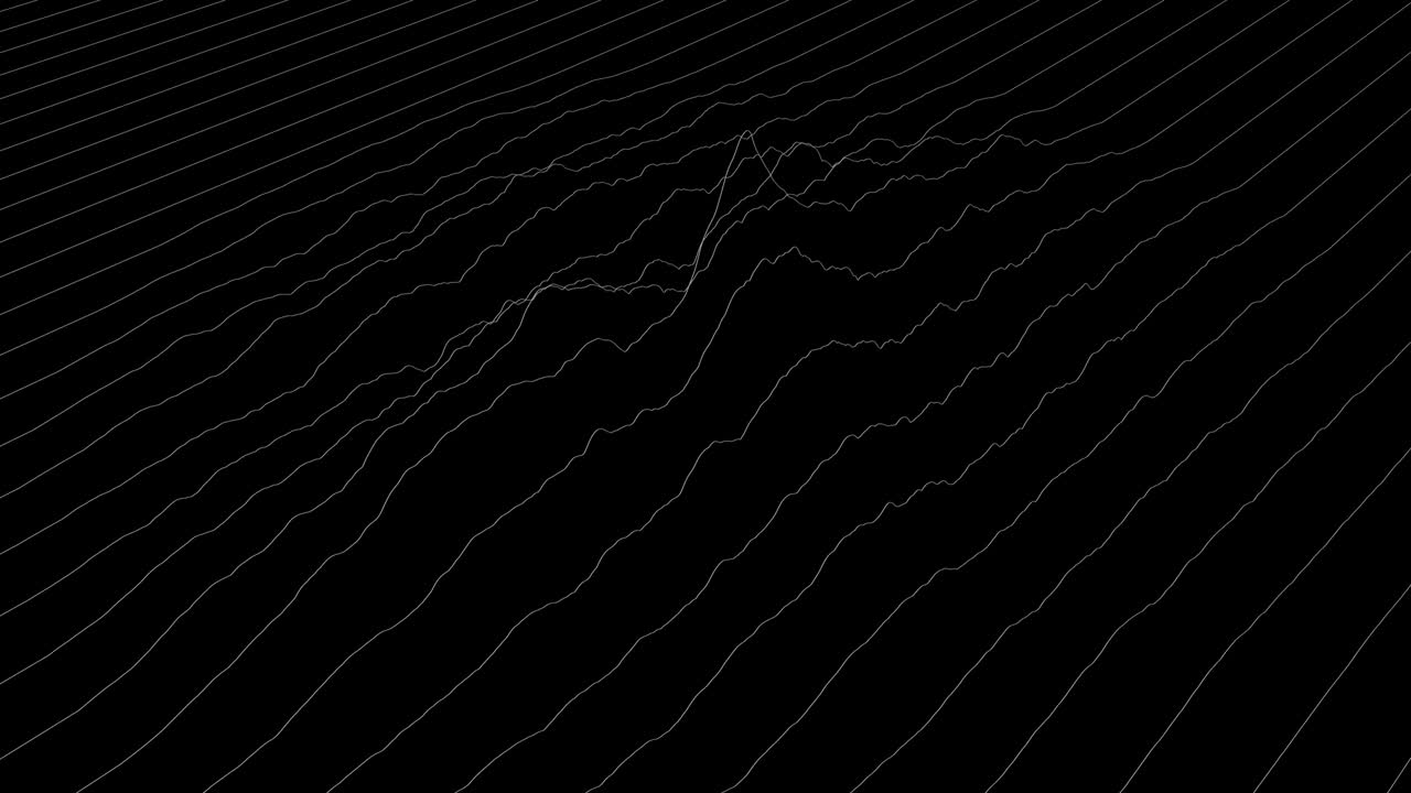 White lines forming distorted field visualization on black background. Abstract CG animation, isometric view. 3D rendering.