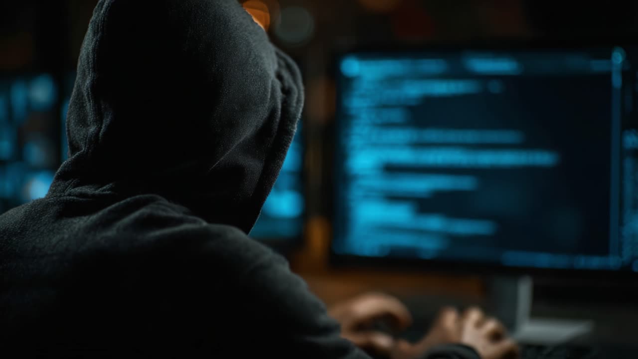 Mysterious Figure in Hoodie Silently Engaged with Multiple Monitors, Coding Intricately Amidst Dim Lighting and a Tense Atmosphere of Cyber Activity and Intrigue